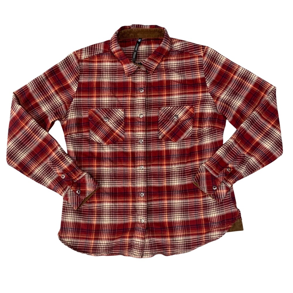 Kuhl Womens Flannel Shirt Small Red Plaid Corduroy Trim Snap Button Up